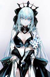 Rule 34 | 1girl, black bow, black dress, blue eyes, bow, braid, breasts, center opening, cleavage, dress, fate/grand order, fate (series), flower, french braid, grey hair, hair bow, highres, kino kokko, large breasts, long hair, long sleeves, looking at viewer, morgan le fay (fate), mouth hold, pelvic curtain, petals, ponytail, sidelocks, solo, spikes, thighs, tiara, two-tone dress, very long hair, white dress, wide sleeves