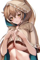 Rule 34 | 1girl, ahoge, breasts, brown capelet, brown cloak, brown eyes, brown hair, capelet, cloak, feather hair ornament, feathers, hair ornament, hairclip, highres, hololive, hololive english, hood, hood up, large breasts, long hair, looking at viewer, multicolored hair, naked cloak, nanashi mumei, ponytail, simple background, smile, streaked hair, tako maguro 20, upper body, very long hair, virtual youtuber
