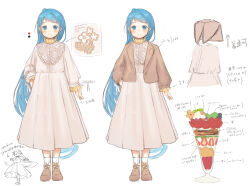 Rule 34 | 1girl, alternate costume, blue eyes, blue hair, blush, brown footwear, brown jacket, character sheet, closed mouth, dress, food, full body, highres, jacket, kantai collection, long hair, long sleeves, multicolored hair, multiple views, open clothes, open jacket, parfait, rom (rommmoon), samidare (kancolle), shoes, simple background, socks, standing, striped, translation request, vertical stripes, very long hair, white background, white dress, white socks