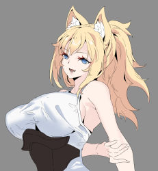 Rule 34 | 1girl, animal ears, blonde hair, blue eyes, breasts, fangs, fox ears, fox girl, hand on own arm, head tilt, highres, large breasts, leaning back, looking at viewer, original, ponytail, smile, solo, upper body, zhu fun