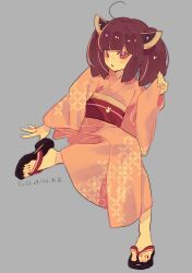 Rule 34 | 1girl, ahoge, alternate costume, blade, blunt bangs, blush, brbr vrvr, brown hair, commentary, dated, foot up, grey background, headgear, highres, invisible chair, japanese clothes, kimono, long sleeves, looking at viewer, medium hair, obi, obijime, okobo, parted lips, pinching sleeves, pink kimono, red eyes, sandals, sash, shippou (pattern), signature, simple background, sitting, solo, touhoku kiritan, twintails, voiceroid, wide sleeves