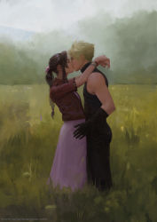 Rule 34 | 1boy, 1girl, aerith gainsborough, arms around neck, bare shoulders, black gloves, blonde hair, bracelet, braid, brown hair, closed eyes, cloud strife, cropped jacket, dress, field, final fantasy, final fantasy vii, final fantasy vii remake, gloves, hair ribbon, hetero, highres, jacket, jewelry, kiss, long hair, milan bourgeon, muscular, muscular male, outdoors, own hands together, parted bangs, pink dress, pink ribbon, red jacket, ribbon, short hair, short sleeves, sidelocks, sleeveless, sleeveless turtleneck, spiked hair, square enix, turtleneck
