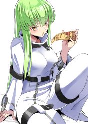 Rule 34 | 1girl, absurdres, blush, breasts, c.c., code geass, eating, food, green hair, highres, looking at viewer, manno (kanpi2100), pizza, simple background, smile, straitjacket, white background, yellow eyes