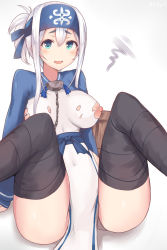 Rule 34 | 10s, 1girl, ainu clothes, artist name, bad id, bad pixiv id, black thighhighs, blue eyes, blush, chain, folded ponytail, hair between eyes, headband, highres, kamoi (kancolle), kantai collection, kinryuu, nipples, open mouth, pelvic curtain, short hair, smile, solo, thick eyebrows, thighhighs, torn clothes, white background