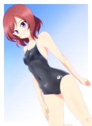 Rule 34 | 10s, 1girl, absurdres, arena (company), arm at side, armpits, black one-piece swimsuit, blue background, blush, breasts, clenched hand, closed mouth, clothes writing, competition school swimsuit, covered navel, cowboy shot, dutch angle, emblem, eyebrows, from side, frown, gradient background, hand on own thigh, highres, hip focus, legs apart, love live!, love live! school idol project, narrow waist, nishikino maki, one-piece swimsuit, purple eyes, red hair, school swimsuit, short hair, skin tight, small breasts, solo, standing, swept bangs, swimsuit, tennouji masamichi, wet, white background