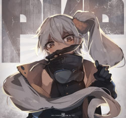1girl, bad id, bad pixiv id, bangs, combat knife, dated, girls frontline, gloves, goggles, goggles around neck, hair between eyes, jacket, jakoujika, knife, knife in mouth, long hair, looking at viewer, mouth hold, one side up, pkp (girls frontline), pointing, pointing at viewer, scrunchie, shirt, silver hair, sleeveless, sleeveless shirt, solo, upper body, weapon, yellow eyes