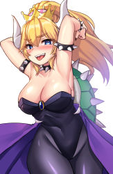 Rule 34 | 1girl, armlet, armpits, blonde hair, blue eyes, bowsette, bracelet, breasts, cape, cleavage, collar, crown, highres, hinata11230, horns, jewelry, koopa shell, large breasts, leotard, long hair, mario (series), navel, new super mario bros. u deluxe, nintendo, pantyhose, ponytail, sharp teeth, spiked armlet, spiked bracelet, spiked collar, spiked shell, spikes, super crown, teeth, tongue, tongue out