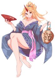 Rule 34 | 1girl, bare legs, bare shoulders, barefoot, blonde hair, blue kimono, blue scrunchie, blush, breasts, cleavage, collarbone, commentary request, cuffs, cup, floating, fugaku (miko no miyatsuguchi), full body, hair ornament, hair scrunchie, highres, holding, horns, hoshiguma yuugi, hoshiguma yuugi (kimono), japanese clothes, kimono, large breasts, legs, lips, long hair, looking at viewer, obi, oni, oni horns, orange eyes, parted bangs, pointy ears, ponytail, sakazuki, sash, scrunchie, shackles, side slit, sidelocks, single horn, smile, solo, toenails, touhou, unmoving pattern, very long hair, white background