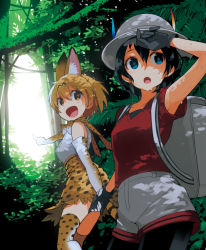 Rule 34 | 10s, 2girls, :d, :o, animal ears, arm up, armpit peek, armpits, bag, blush, breasts, elbow gloves, gloves, holding hands, hat, hat feather, kaban (kemono friends), kashi-k, kemono friends, multiple girls, open mouth, pointing, red shirt, serval (kemono friends), serval print, serval tail, shirt, smile, sweat, tail