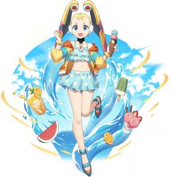 Rule 34 | 1girl, android, bare shoulders, bikini, bikini skirt, blonde hair, blue eyes, bracelet, collarbone, cup, drinking glass, floating, floating object, food, fruit, full body, headgear, highres, holding, holding food, ice cream, jacket, jewelry, juice, leg up, looking at viewer, mega man (series), mega man x8, mega man x (series), mega man x dive, midriff, mizuno keisuke, navel, official art, open clothes, open jacket, open mouth, orange (fruit), orange juice, orange slice, pallette (mega man), polka dot, polka dot bikini, robot ears, shiny skin, simple background, skirt, smile, stomach, swimsuit, transparent background, water, watermelon, watermelon slice