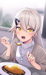 Rule 34 | armor, blush, breastplate, brown cardigan, cardigan, commentary, commentary request, commission, cup, curry, dog tags, dutch angle, earrings, eating, food, girls&#039; frontline, grey hair, hair between eyes, hair ornament, hairclip, highres, holding, holding spoon, indoors, jewelry, long sleeves, looking at viewer, mg4 (girls&#039; frontline), open mouth, pixiv commission, ranyu, shirt, spoon, stud earrings, upper body, white shirt, yellow eyes