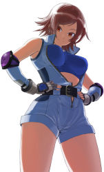 Rule 34 | 1girl, belt, breasts, brown eyes, brown hair, center opening, elbow gloves, elbow pads, from below, gloves, hands on own hips, hensou, highres, kazama asuka, large breasts, namco, open clothes, short hair, simple background, smile, solo, sports bra, tekken, thighs, unzipped, zipper