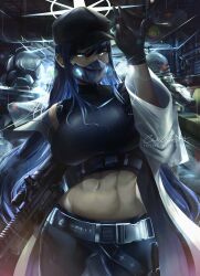 Rule 34 | 1girl, absurdres, assault rifle, baseball cap, belt, black belt, black gloves, black hair, black hat, black mask, black pants, black shirt, blue archive, blue eyes, breasts, buckle, cindy (cindyart), coat, cowboy shot, crop top, gloves, gun, halo, hat, highres, large breasts, long hair, looking at viewer, mask, midriff, mouth mask, navel, pants, rifle, saori (blue archive), shirt, sig 516, sleeveless, sleeveless shirt, snap-fit buckle, solo, toned, weapon, white coat