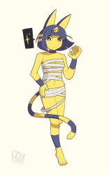 Rule 34 | 1girl, absurdres, animal crossing, animal ears, ankha (animal crossing), barefoot, black eyes, blunt bangs, bob cut, breasts, cat ears, cat girl, cat tail, colored skin, egyptian, frown, full body, furry, furry female, gem, hair ornament, hand on own hip, hand up, highres, holding, holding gem, immortalzy, looking at viewer, navel, nintendo, sarashi, short hair, simple background, small breasts, snake hair ornament, solo, sparkle, spoken sparkle, tail, yellow skin