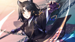 Rule 34 | 1girl, :o, animal ears, arknights, black hair, blush, commentary request, dog ears, fingerless gloves, gloves, hellnyaa, highres, holding, infection monitor (arknights), japanese clothes, kimono, long hair, looking at viewer, open mouth, outstretched arms, purple gloves, purple shirt, saga (arknights), shirt, solo, upper body, wristband, yellow eyes