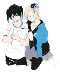 Rule 34 | 2girls, bead necklace, beads, black gloves, black hair, black hat, black pants, blonde hair, blue jacket, blue skirt, breasts, cleavage, closed mouth, co1d 07, collarbone, commentary request, cropped legs, elbow gloves, gloves, green eyes, green hair, hat, highres, holding, holding paper, i&#039;m still...(love live!), jacket, jacket on shoulders, jewelry, love live!, love live! nijigasaki high school idol club, medium breasts, medium hair, mia taylor, multiple girls, necklace, open mouth, pants, paper, paperclip, purple eyes, shirt, short hair, short sleeves, sidelocks, skirt, standing, takasaki yu, twintails, upper body, white background, white shirt