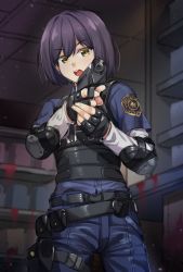 Rule 34 | 1girl, aiming, armor, bad id, bad pixiv id, belt, black hair, bulletproof vest, character request, cosplay, elbow pads, fingerless gloves, gloves, grey background, gun, handgun, highres, holding, holding gun, holding weapon, leon s. kennedy, leon s kennedy (cosplay), looking at viewer, pistol, police, police badge, police uniform, policewoman, pouch, resident evil, resident evil 2, resident evil 2 (remake), serious, shirokuma a, short hair, shoulder pads, solo, standing, uniform, weapon, yellow eyes