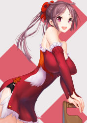 Rule 34 | 1girl, bare shoulders, blush, bow, breasts, brown hair, cleavage, hair bow, happy new year, large breasts, long hair, looking at viewer, new year, open mouth, original, pink eyes, ponytail, red bow, santa costume, smile, solo, teeth, yilan