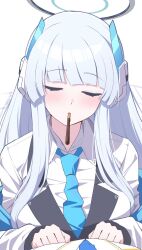 Rule 34 | 1girl, 1other, artist name, blue archive, blue hair, blue necktie, blunt bangs, blush, clenched hand, closed eyes, coat, collared shirt, commentary, facing viewer, food in mouth, halo, headgear, highres, incoming pocky kiss, jacket, lapels, leaning on person, light blue hair, long hair, long sleeves, mechanical halo, necktie, noa (blue archive), off shoulder, pocky, pocky in mouth, pov, reia 76, shirt, simple background, symbol-only commentary, twitter username, upper body, very long hair, white background, white coat, white halo, white jacket, white shirt