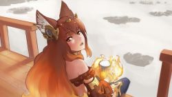 Rule 34 | 1girl, animal ears, anthuria, bare shoulders, blue pants, brown eyes, brown hair, cup, day, detached sleeves, diadem, erune, fang, fence, fire, gradient hair, granblue fantasy, hair ornament, highres, holding, holding cup, long hair, looking at viewer, looking back, magic, multicolored hair, outdoors, paintrfiend, pants, parted lips, porch, red hair, sitting, solo, wide sleeves, wooden floor