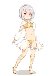 Rule 34 | 1girl, bikini, blush, closed mouth, detached sleeves, full body, grey hair, hairband, hand up, long sleeves, looking at viewer, original, pink eyes, puffy long sleeves, puffy sleeves, sandals, sasaame, short hair, simple background, skirt, smile, solo, swimsuit, white background, white skirt, yellow bikini