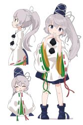 Rule 34 | 1girl, absurdres, blue eyes, blue footwear, blue headwear, blue skirt, blush, boots, closed eyes, grey hair, hair between eyes, hands in opposite sleeves, hat, highres, iroha-kuro, japanese clothes, kariginu, long hair, long sleeves, mononobe no futo, multiple views, open mouth, pleated skirt, pom pom (clothes), ponytail, profile, ribbon-trimmed sleeves, ribbon trim, simple background, skirt, tate eboshi, touhou, white background, wide sleeves