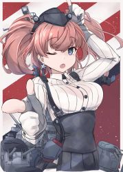 Rule 34 | 1girl, anchor hair ornament, atlanta (kancolle), blue eyes, border, breasts, brown hair, earrings, garrison cap, gloves, hair ornament, hat, headgear, high-waist skirt, highres, index finger raised, jewelry, kantai collection, large breasts, long sleeves, minosu, one eye closed, open mouth, partially fingerless gloves, pointing, rigging, shirt, simple background, single earring, skirt, solo, star (symbol), star earrings, suspender skirt, suspenders, two side up, white border, white shirt