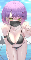 Rule 34 | 1girl, absurdres, bikini, black bikini, black mask, blue sky, breasts, cleavage, cloud, demon tail, ear piercing, earrings, green eyes, hair ornament, hairclip, heart, heart necklace, highres, hololive, jewelry, kei8987, leaning forward, mask, mouth mask, multicolored hair, multicolored nails, multiple earrings, nail polish, navel, necklace, piercing, pink hair, purple hair, raised eyebrows, short hair, sky, solo, swimsuit, tail, thigh gap, thighs, tokoyami towa, two-tone hair, virtual youtuber, wet, wet hair