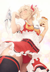 Rule 34 | 1girl, alternate wings, black thighhighs, blonde hair, blush, closed eyes, commentary, flandre scarlet, food, foodgasm, from below, gradient background, hair ribbon, highres, imizu (nitro unknown), name connection, no headwear, panties, pantyshot, pudding, puffy short sleeves, puffy sleeves, red panties, revision, ribbon, shirt, short sleeves, side ponytail, skirt, skirt set, solo, spoon, standing, thighhighs, thighs, touhou, underwear, upskirt, vest, wings