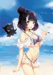 Rule 34 | 1girl, :d, absurdres, animal, bare shoulders, bikini, bikini under clothes, black bikini, blue sky, blunt bangs, blush, breasts, cloud, collarbone, commentary request, cowboy shot, day, fate/grand order, fate (series), food, groin, hair bun, hair ornament, hairclip, hand up, highres, hip focus, holding, holding food, huge filesize, katsushika hokusai (fate), looking at viewer, medium breasts, miniskirt, navel, ocean, octopus, off shoulder, open mouth, outdoors, paintbrush, popsicle, purple eyes, purple hair, see-through, see-through skirt, silver (chenwen), single hair bun, skirt, sky, smile, solo, standing, stomach, swimsuit, teeth, upper teeth only, v