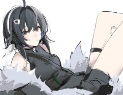 Rule 34 | 1girl, ahoge, arknights, bare shoulders, black coat, black eyes, black hair, closed mouth, coat, eyebrows hidden by hair, from side, fur-trimmed coat, fur trim, hair ornament, hairclip, highres, joshua (shisanli934), la pluma (arknights), leg up, looking at viewer, looking to the side, lying, on back, open clothes, open coat, short hair, simple background, solo, thigh strap, white background