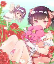 Rule 34 | 2girls, alternate hairstyle, bad id, bad pixiv id, bang dream!, between legs, black hair, bow, covering own mouth, day, detached sleeves, dress, fairy, fairy wings, flower, flying, gloves, grey eyes, hair bow, hair flower, hair ornament, hairpin, heart, heart-shaped pupils, holding, holding wand, knees up, long hair, magical girl, minato yukina, mini person, minigirl, mitake ran, multicolored hair, multiple girls, outdoors, pink bow, pink dress, purple eyes, red flower, red hair, red rose, rose, short hair, short sleeves, silver hair, sitting, streaked hair, symbol-shaped pupils, twintails, wand, white dress, white flower, white gloves, winged wand, wings, yuri (hq-yuriri)