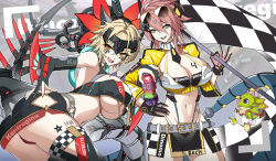 Rule 34 | 2girls, :d, absurdres, alternate costume, arm blade, ass, babycerasaurus, bare shoulders, belt, black gloves, black legwear, black necktie, black shorts, black skirt, blonde hair, body writing, bottle, breasts, bridal gauntlets, bright pupils, character name, checkered flag, chinese commentary, cleavage, clothing cutout, commentary request, cowboy shot, crop top, dinomorphia kentregina, dinomorphia therizia, dinosaur, duel monster, eyewear on head, flag, forehead protector, gloves, grey belt, groin, hair between eyes, hand on own hip, headgear, highleg, highleg panties, highres, holding, holding bottle, holding flag, jacket, large breasts, leaning forward, locked arms, looking at viewer, mechanical tail, multiple girls, navel, necktie, nutrient z, open mouth, panties, race queen, reptile girl, see-through, see-through skirt, shirt, short hair, short hair with long locks, short necktie, shorts, side cutout, sidelocks, skindentation, skirt, sleeveless, sleeveless shirt, smile, standing, stomach, sunglasses, tail, teeth, thighhighs, underboob, underwear, upper teeth only, weapon, white pupils, yellow eyes, yellow jacket, yu-gi-oh!, yutou yutou yu