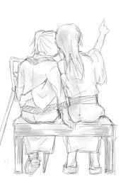 Rule 34 | 10s, 2girls, bench, comic, crutch, full body, gentletiger, geta, greyscale, japanese clothes, kaga (kancolle), kantai collection, long hair, monochrome, multiple girls, okobo, outstretched arm, pointing, pointing up, prosthesis, prosthetic leg, sandals, short hair, side ponytail, simple background, sitting, table, white background, zuikaku (kancolle)