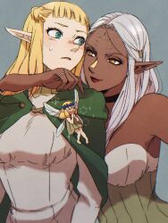 Rule 34 | 2girls, arm around neck, bare shoulders, black choker, blonde hair, blue background, blue eyes, choker, cithis, cloak, dark-skinned female, dark skin, dress, dungeon meshi, elf, eye contact, facial mark, forehead mark, green cloak, half updo, head on another&#039;s shoulder, highres, jewelry, long hair, looking at another, multiple girls, notched ear, open mouth, pattadol, pointy ears, ring, shirt, short bangs, simple background, smile, strapless, strapless dress, sweatdrop, tama . kogifu, upper body, white hair, white shirt, yellow eyes, yuri