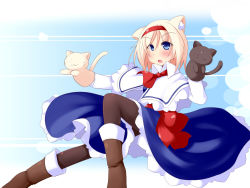 Rule 34 | 1girl, :3, :o, alice margatroid, animal ears, ascot, black pantyhose, blonde hair, blue background, blue dress, blue eyes, blush, boots, capelet, cat, cat ears, dress, dual wielding, fang, female focus, hair between eyes, hairband, hand puppet, holding, kemonomimi mode, legs, long sleeves, looking at viewer, miyo (miyomiyo01), open mouth, pantyhose, puppet, sash, short hair, solo, sparkle, standing, tail, touhou