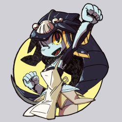 Rule 34 | 1girl, apron, blue hair, blue skin, colored sclera, colored skin, cropped legs, fins, fish girl, grey background, hand up, highres, minette (skullgirls), neko mata g, one eye closed, open mouth, skullgirls, smile, solo, thighhighs, yellow sclera