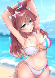 Rule 34 | 1girl, ahoge, animal ears, armpits, arms up, bare arms, bare shoulders, bikini, blue eyes, blue sky, blurry, blurry background, bow, breasts, brown hair, cleavage, cloud, commentary request, day, depth of field, ear ribbon, hair between eyes, highres, horizon, horse ears, horse girl, horse tail, large breasts, leaning to the side, long hair, looking at viewer, mihono bourbon (umamusume), navel, o-ring, o-ring bikini, o-ring bottom, o-ring top, ocean, outdoors, parted lips, ribbon, sky, solo, sui (h14 draw), swimsuit, tail, umamusume, very long hair, water, white bikini, white ribbon