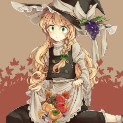 Rule 34 | 1girl, ankle socks, apple, apron, apron lift, autumn leaves, berry, black dress, blonde hair, bow, braid, chestnut, clothes lift, dress, food, frilled dress, frilled hat, frilled sleeves, frills, fruit, grapes, green eyes, green ribbon, hat, hat bow, juliet sleeves, kirisame marisa, long hair, long sleeves, mushroom, persimmon, puffy long sleeves, puffy sleeves, ribbon, sakana-ko, sakana ko, side braid, single braid, sitting, skirt basket, socks, solo, touhou, waist apron, wariza, wavy hair, wide sleeves, witch hat