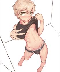 Rule 34 | 1boy, blonde hair, blush, brown eyes, bulge, cellphone, clothes lift, highres, holding, holding phone, male focus, nayoshi (r-744), nipples, original, phone, selfie, shirt lift, short hair, simple background, solo, underwear