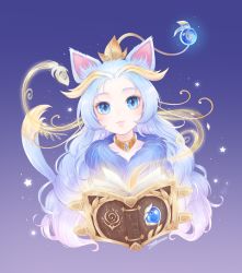 Rule 34 | 1girl, animal ears, blue eyes, blue hair, book, cat, cat ears, choker, highres, humanization, league of legends, long hair, looking at viewer, tail, yuumi (league of legends)