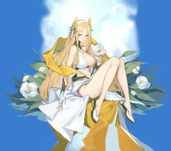 Rule 34 | 1girl, alchemy stars, artist name, blonde hair, breasts, catin, center opening, dress, fingerless gloves, flower, gloves, green eyes, holding, holding flower, large breasts, long hair, looking at viewer, sitting, smile, solo, uriah (alchemy stars), very long hair, white dress, white flower, white footwear, white gloves