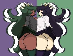 Rule 34 | 2girls, ass, black hair, breasts, clothes lift, cowboy shot, dark-skinned female, dark skin, filia (skullgirls), fukua (skullgirls), green eyes, green hair, highres, large breasts, licking lips, long hair, looking at viewer, looking back, multiple girls, panties, pleated skirt, red eyes, skirt, skirt lift, skullgirls, smile, thighhighs, thong, tongue, tongue out, underwear