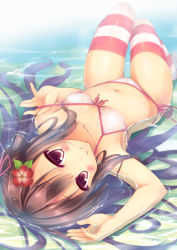 Rule 34 | 1girl, bikini, blush, breasts, brown hair, day, flower, front-tie top, hair flower, hair ornament, highres, long hair, navel, original, outdoors, partially submerged, red eyes, ryo (botugo), side-tie bikini bottom, small breasts, striped clothes, striped thighhighs, swimsuit, thighhighs, water, wet