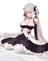 1girl, absurdres, azur lane, bed sheet, between breasts, black dress, black nails, blush, breasts, chinese commentary, cleavage, closed mouth, commentary, corset, detached collar, dress, english commentary, flyyao, formidable (azur lane), frilled dress, frills, full body, hair ribbon, highres, large breasts, long hair, long sleeves, mixed-language commentary, nail polish, off-shoulder dress, off shoulder, red eyes, ribbon, silver hair, simple background, sitting, solo, straight hair, twintails, very long hair, white background, white legwear, white neckwear