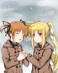 Rule 34 | 2girls, black ribbon, blonde hair, blush, brown hair, cloud, cloudy sky, couple, closed eyes, fate testarossa, hair ornament, hair ribbon, holding hands, happy, highres, jacket, long hair, long sleeves, looking at another, lyrical nanoha, mahou shoujo lyrical nanoha, mahou shoujo lyrical nanoha a&#039;s, mikasa-01, multiple girls, open mouth, red eyes, ribbon, short hair, short twintails, sky, smile, snow, takamachi nanoha, tearing up, tears, tongue, twintails, white ribbon, yuri