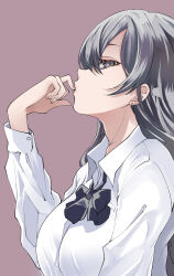 Rule 34 | 1girl, arm up, bow, breasts, earrings, finger to mouth, grey bow, grey eyes, grey hair, highres, jewelry, large breasts, long hair, long sleeves, looking at viewer, original, profile, purple background, sakayama shinta, shirt, solo, stud earrings, upper body, white shirt