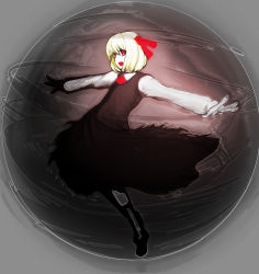 Rule 34 | 1girl, arugeri, black dress, blonde hair, darkness, dress, embodiment of scarlet devil, fang, female focus, gradient background, hair ribbon, open mouth, outstretched arms, red eyes, ribbon, rumia, solo, spread arms, touhou