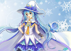 Rule 34 | 1girl, bad id, bad pixiv id, blue eyes, blue hair, cape, fingerless gloves, gloves, hair ribbon, hand on own hip, hat, hatsune miku, highres, long hair, looking at viewer, matching hair/eyes, open mouth, reki (lichk), ribbon, skirt, snowflakes, solo, twintails, very long hair, vocaloid, wand, witch hat, yuki miku