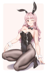 Rule 34 | 1girl, animal ears, bare shoulders, black footwear, black leotard, bow, bowtie, breasts, detached collar, fake animal ears, fake tail, fangxiang cuoluan, grey pantyhose, hairband, high heels, highleg, highleg leotard, highres, leotard, long hair, looking at viewer, medium breasts, one eye closed, on one knee, original, pantyhose, patent heels, pink hair, playboy bunny, pumps, rabbit ears, rabbit tail, red eyes, shoes, smile, solo, stiletto heels, strapless, strapless leotard, tail, wrist cuffs